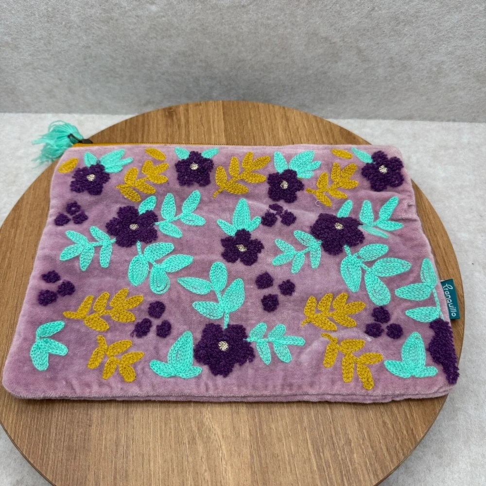 Tranquillo Velvet Floral Embroidered Pouch Purple Boho‎ Makeup Bag Cosmetic Case